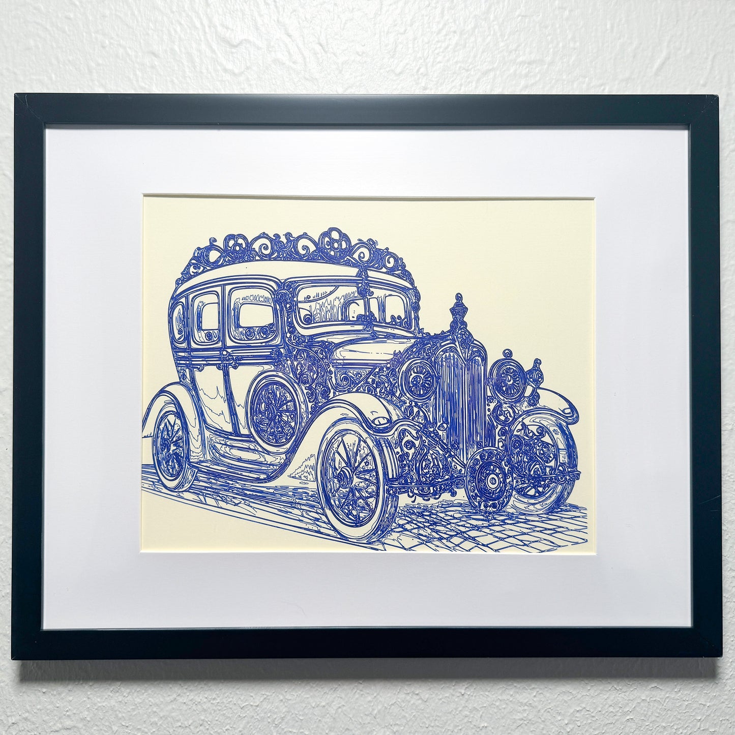 Vintage Elegance: Ornate Classic Car Blue Ink Artwork