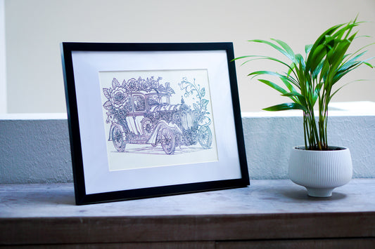 Vintage Elegance: Ornate Classic Car Black Ink Artwork