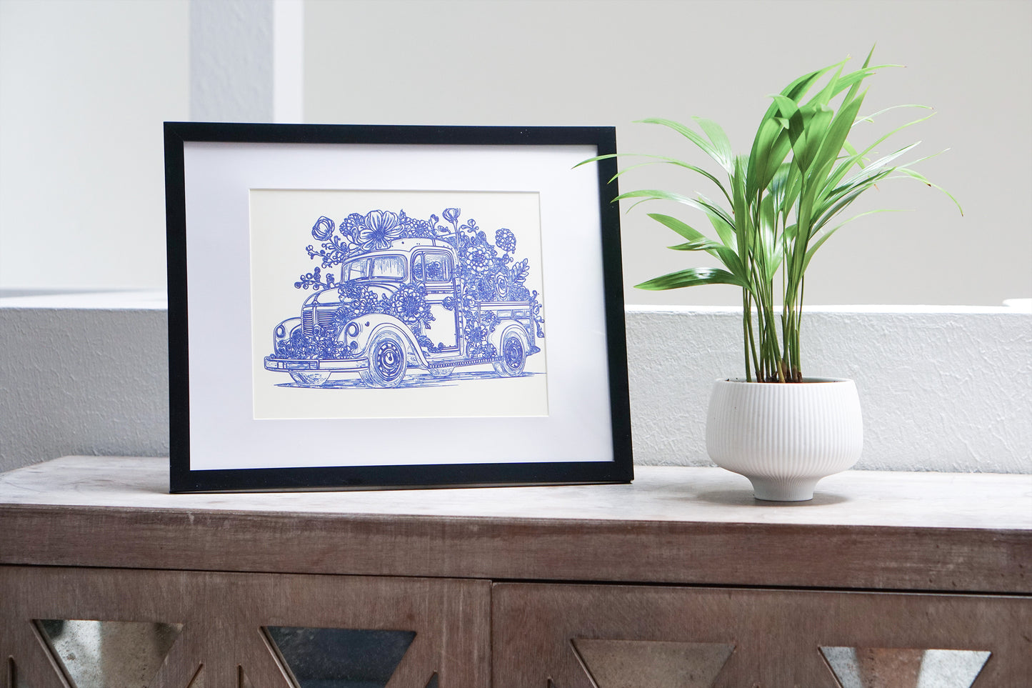 Vintage Elegance: Ornate Classic Truck blue Ink Artwork