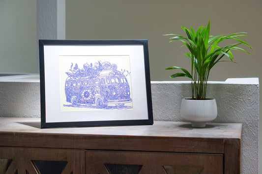 Vintage Elegance: Ornate Classic Bus Blue Ink Artwork