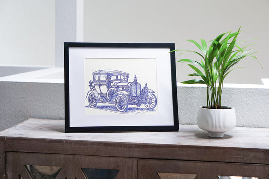 Vintage Elegance: Ornate Classic Car with Black Ink Artwork