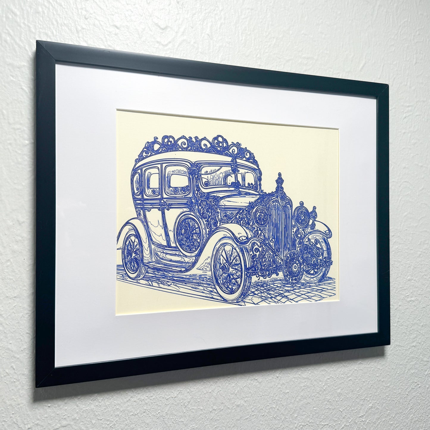 Vintage Elegance: Ornate Classic Car Blue Ink Artwork