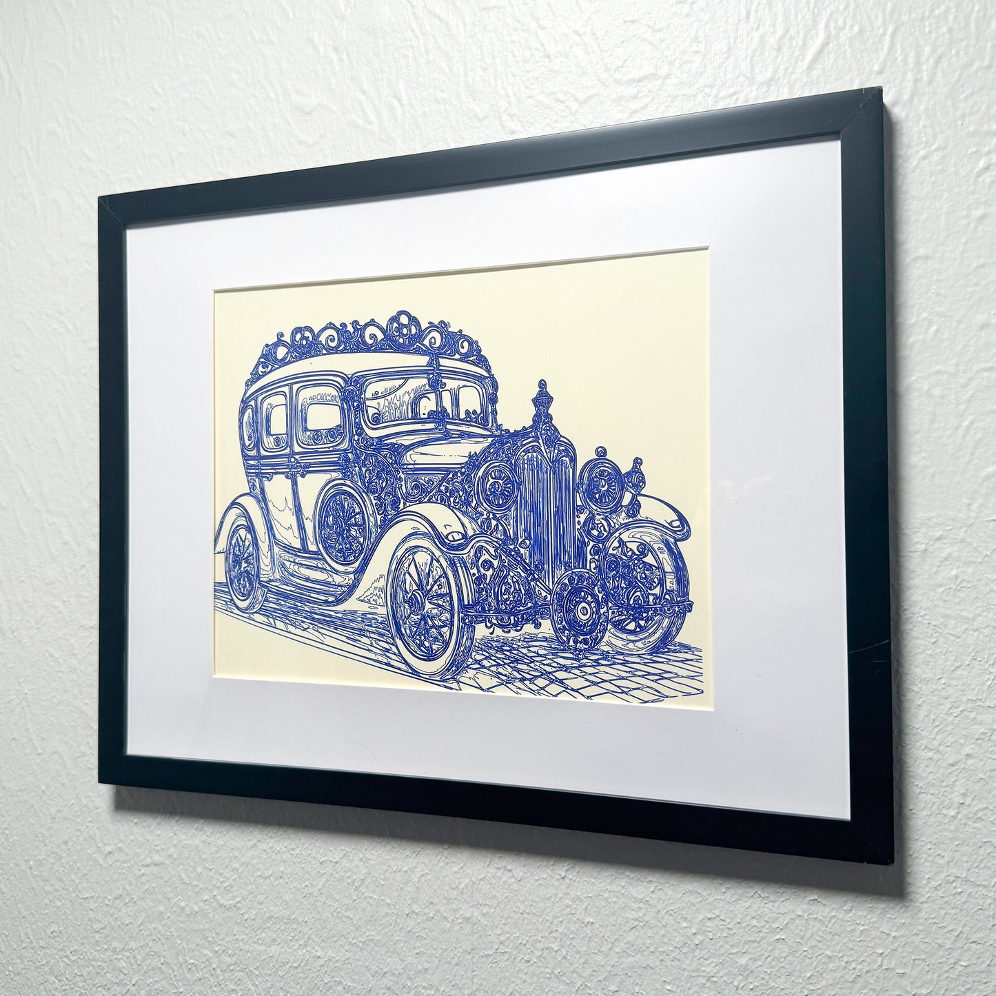 Vintage Elegance: Ornate Classic Car Blue Ink Artwork