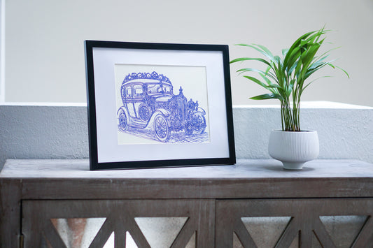 Vintage Elegance: Ornate Classic Car Blue Ink Artwork